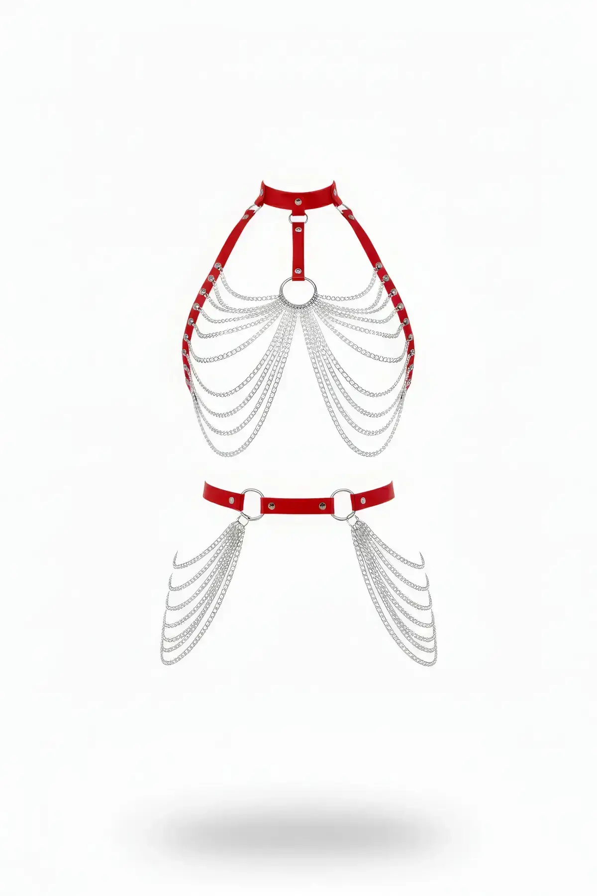 Red Women's Leather Body Accessory with Belt and Chain Detail - SH701