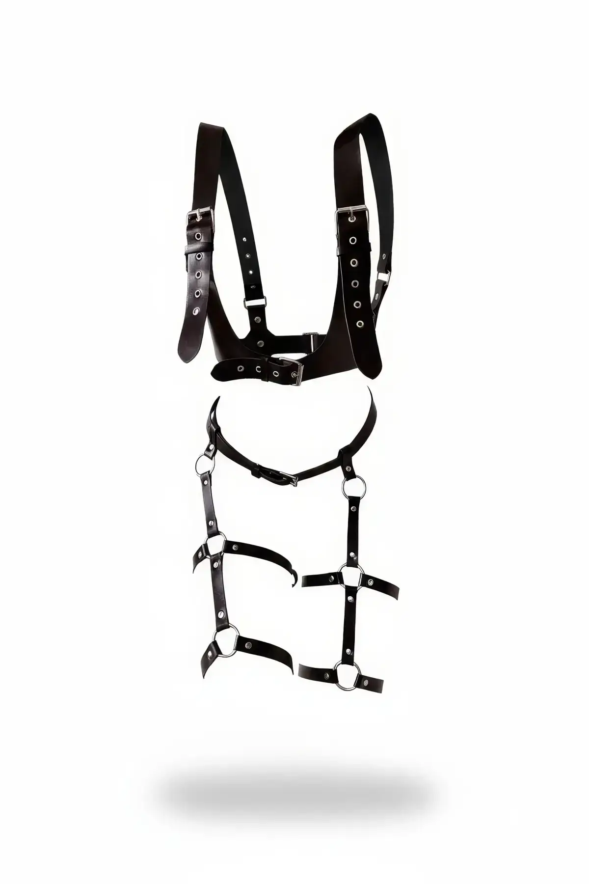 Black Harness Set with Leather Buckle and Metal Ring Detail - SH703