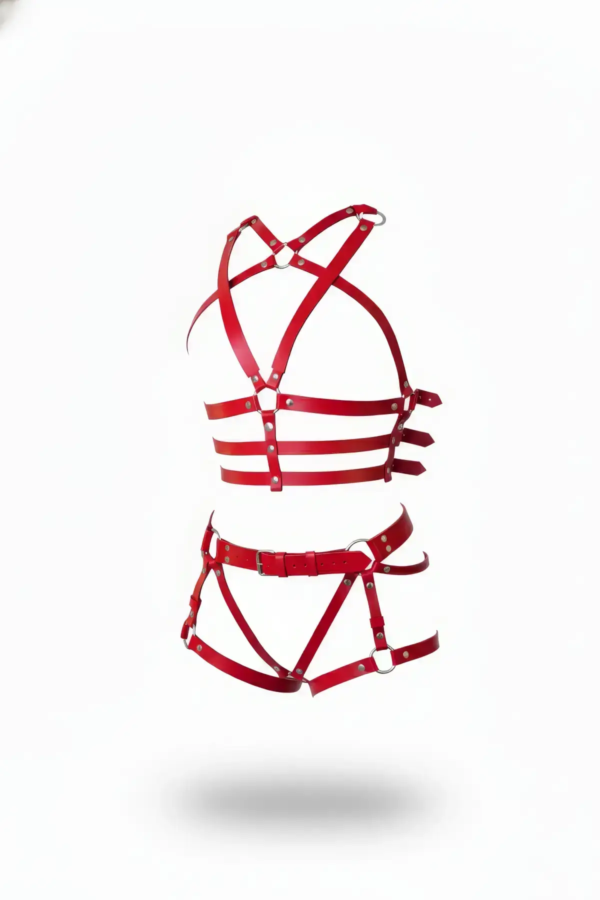Red Harness Set, Faux Leather, Adjustable Ring Detail - SH704