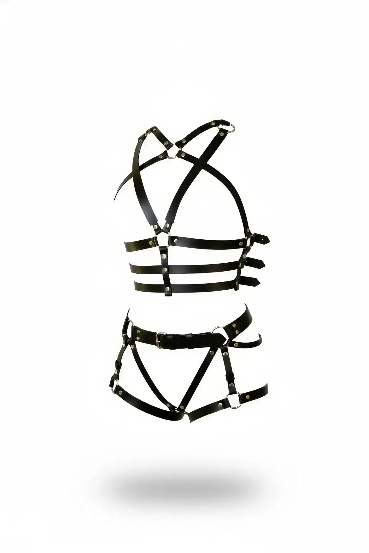 Black Leather Harness Set with O-Ring Detail - SH704