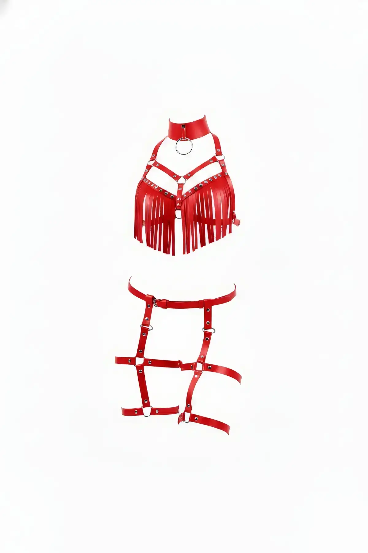 Red Harness Set with Tassel Detail and High Collar - SH715