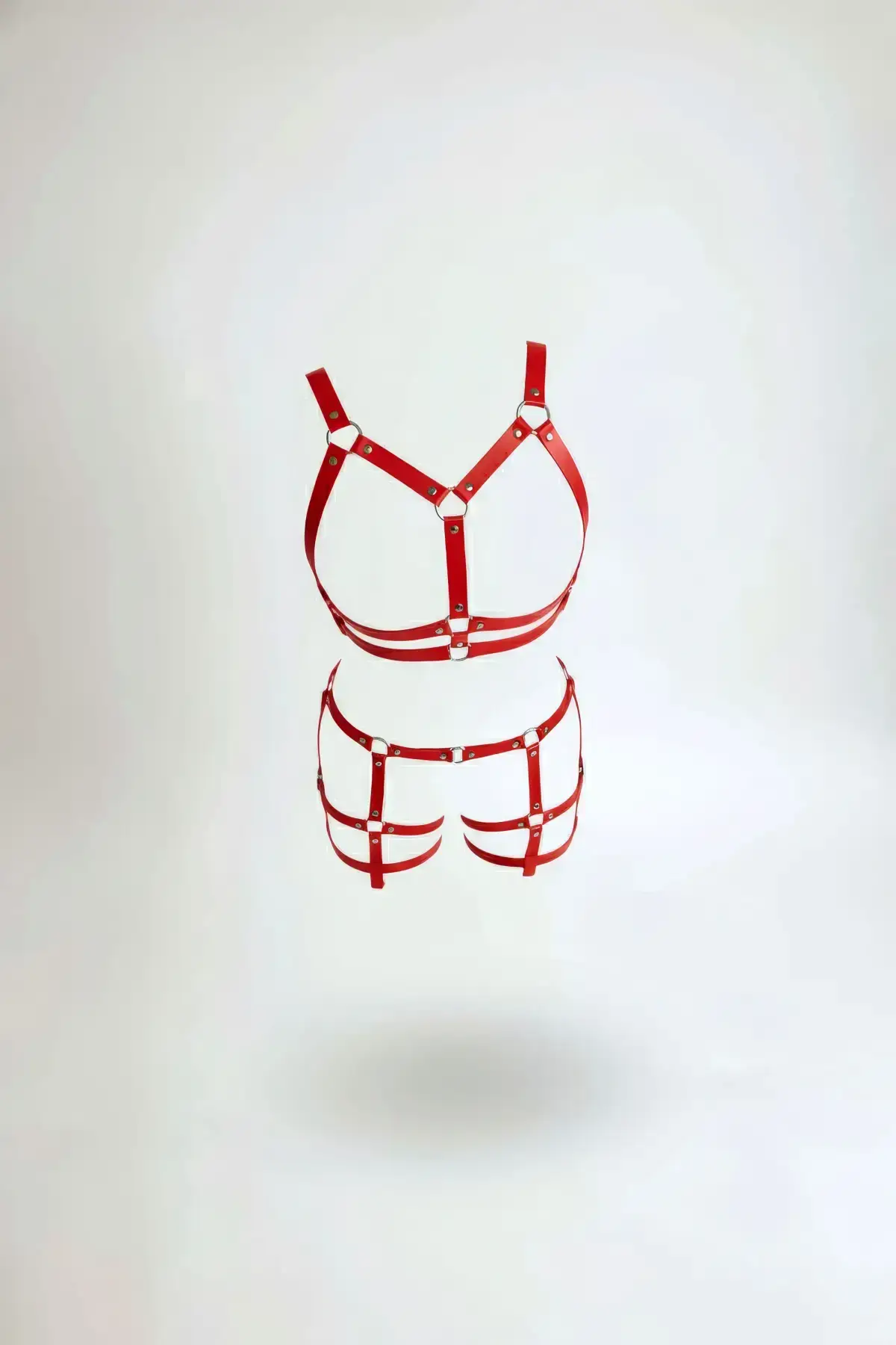 Red Harness Set Faux Leather Body Accessory with Metal Ring Details - SH719