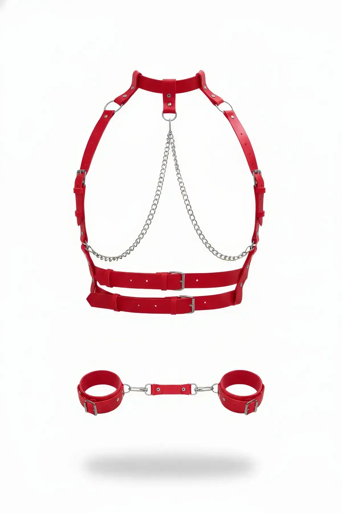 Red Harness Set with Chain Detail Leather Bodysuit - SH720
