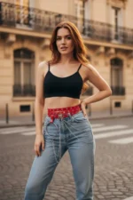 Red Women's Belt with Chain Detail and Metal Eyelets - SH731