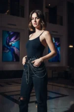 Black Women's Belt with Chain Detail and Studded Waist Accessory - SH731