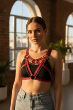 Red Women's Belt with Multiple Straps and Chain Detail Body Accessory - SH741 - Image 2