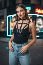 Black Women's Belt, Faux Leather, Body Strap with Ring Detail - SH747 - Image 4