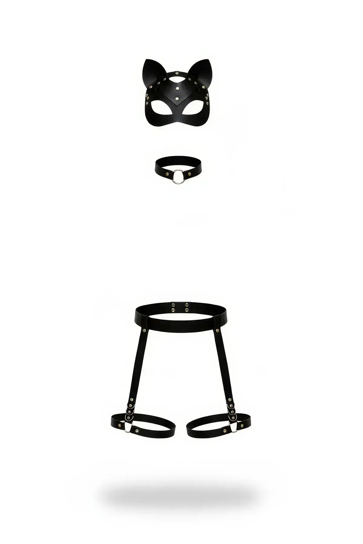 Black Harness Set with Cat Mask and Faux Leather Studs - SH783