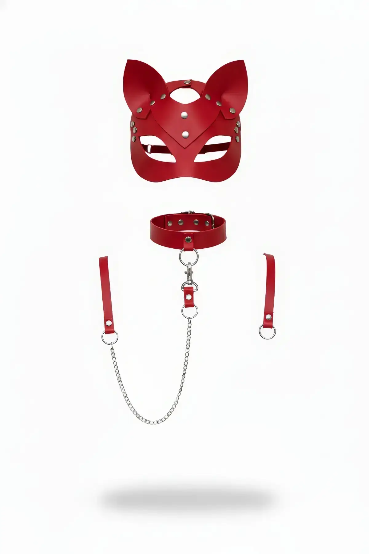 Red Leather Harness Set with Cat Mask and Chain Detail - SH784