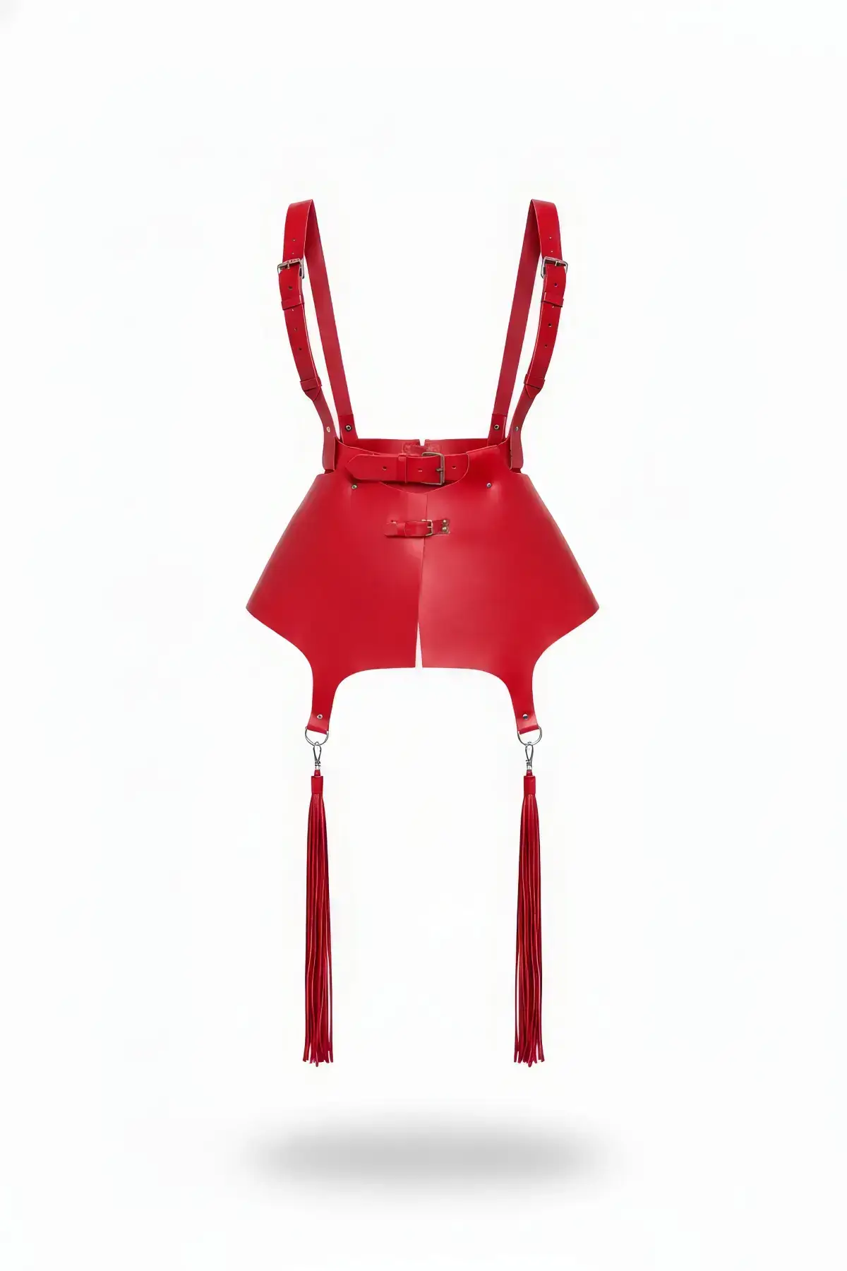 Kırmızı Püsküllü Harness Deri Mini Etek SH787