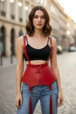 Red Women's Belt with Wide Leather Corset Detail - SH787 - Image 2