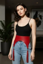 Red Women's Belt with Thick Tassel Detail, Wide Waist Accessory - SH788 - Image 4