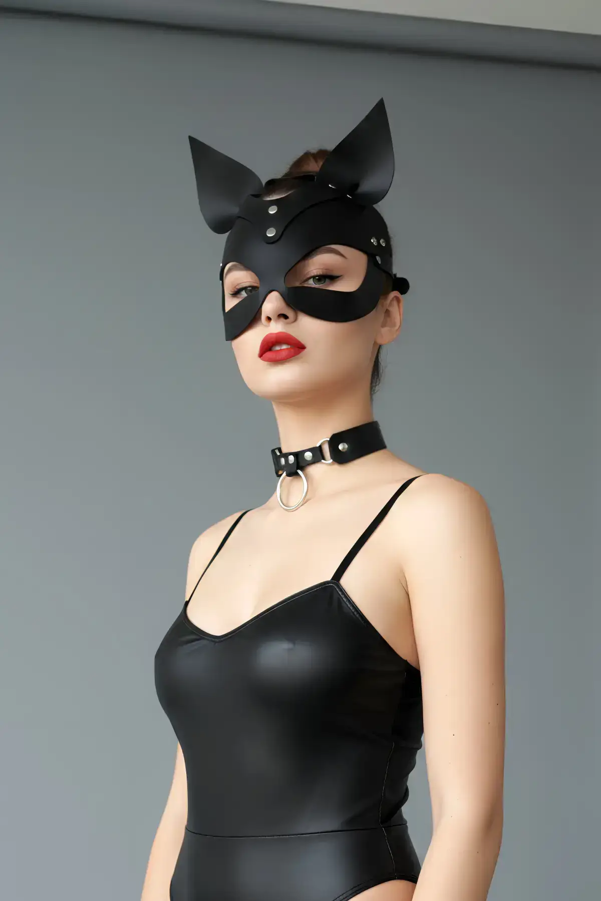 Black Mask Leather Cat Ear Costume - SH789
