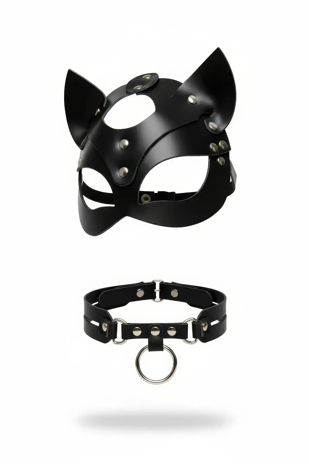 Black Mask Cat Ear Studded Detail Leather Face Mask - SH789