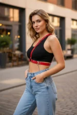 Red Women's Leather Body Accessory with Belt and Chain Detail - SH813