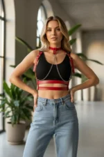 Red Women's Leather Body Harness Belt with Chain Detail - SH824