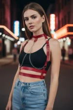 Red Women's Leather Body Harness Belt with Chain Detail - SH824 - Image 4