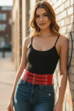 Red Women's Belt, Thick Three-Buckle Waist Accessory - SH827 - Image 2