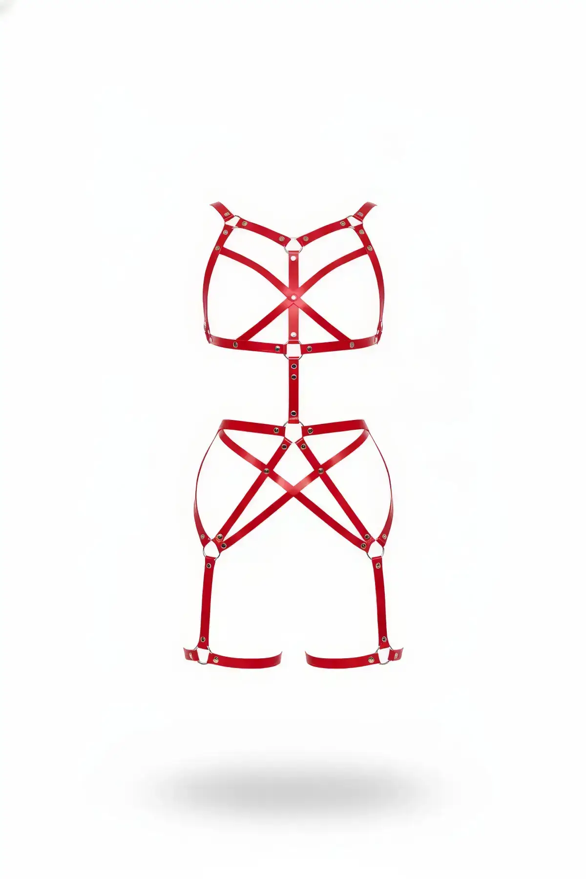 Kırmızı Deri Metal Halkalı Jartiyerli Tam Vücut Harness SH894