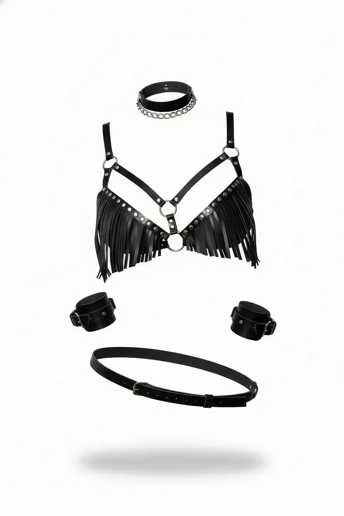 Black Harness Set with Tassel and Studded Ring Detail - SH896
