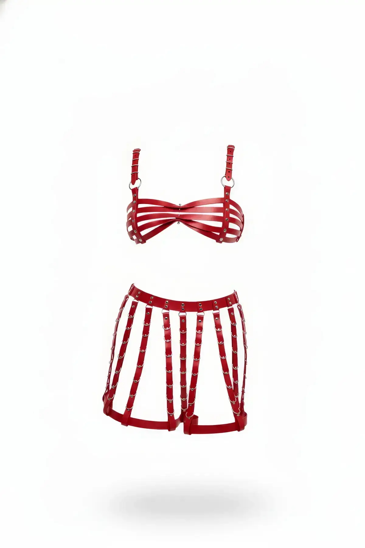 Kırmızı Suni Deri Şerit Detaylı Mini Etek SH899