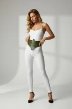 Khaki Women's Belt with Wide Stud Detail Corset Waist Accessory - SH905