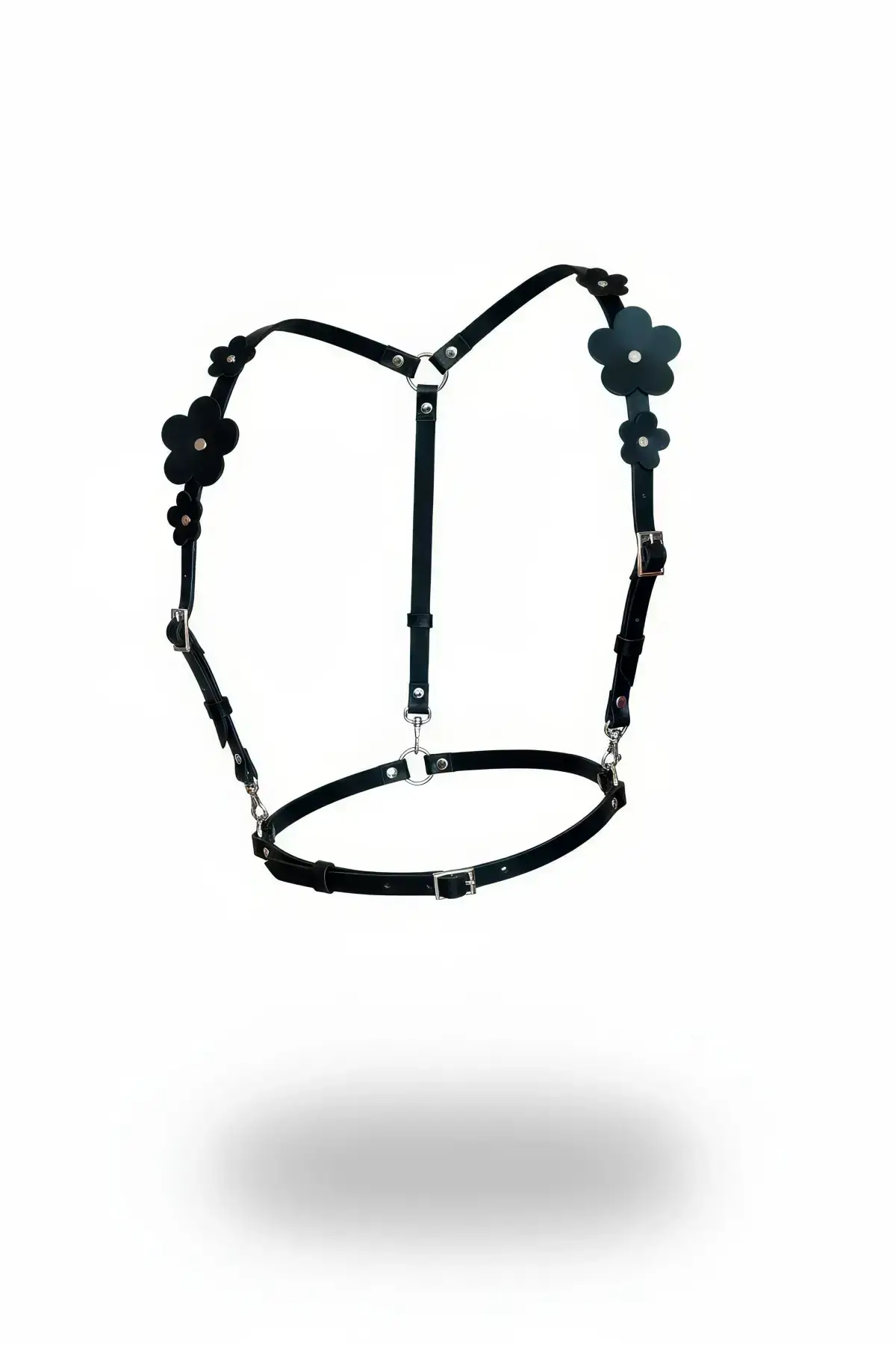 Black Women's Belt with Floral Detail, Leather Shoulder Strap - SH906