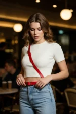 Red Women's Belt, Thin Genuine Leather, Metal Buckle - SH917 - Image 3