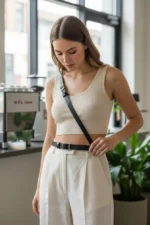 Black Women's Belt with Silver Buckle, Faux Leather Trouser Belt - SH917 - Image 2