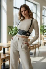 Black Women's Leather Belt Bag with Studded Waistband - SH918 - Image 3