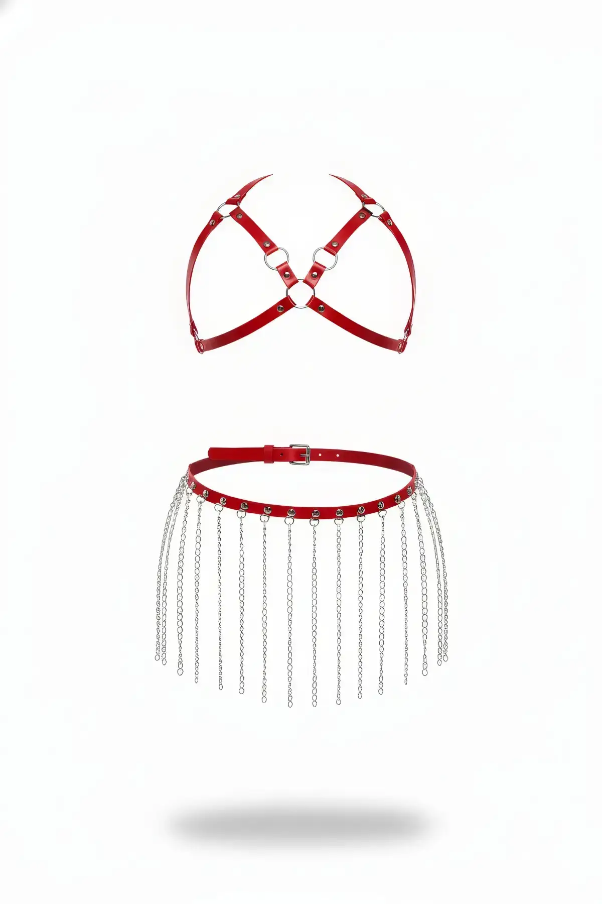 Kırmızı Zincir Detaylı Suni Deri Mini Etek SH931