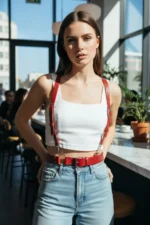 Red Women's Belt with Shoulder Detail and Wide Buckle - SH934 - Image 4