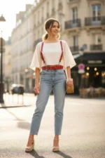 Red Women's Belt with Shoulder Detail and Wide Buckle - SH934 - Image 5