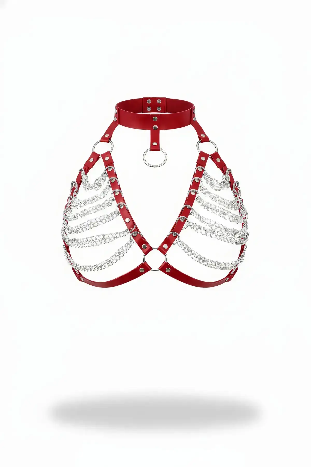 Red Women's Belt with Ring Detail Collar and Chest Harness - SH945