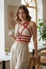 Red Women's Belt with Multiple Straps and Metal Ring Detail Body Accessory - SH955 - Image 2