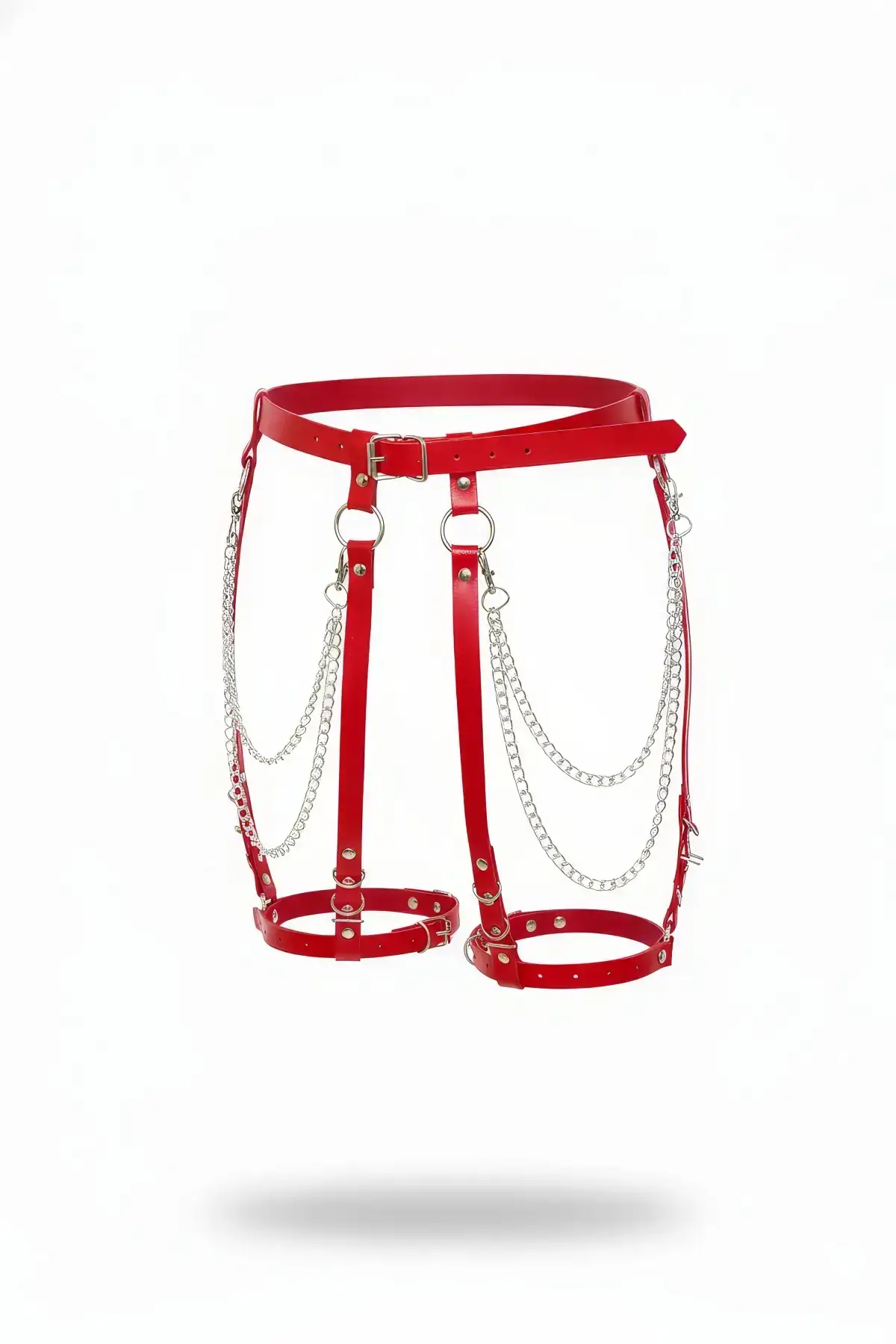 Red Garter Harness with Chain Detail, Faux Leather Buckle - SH958