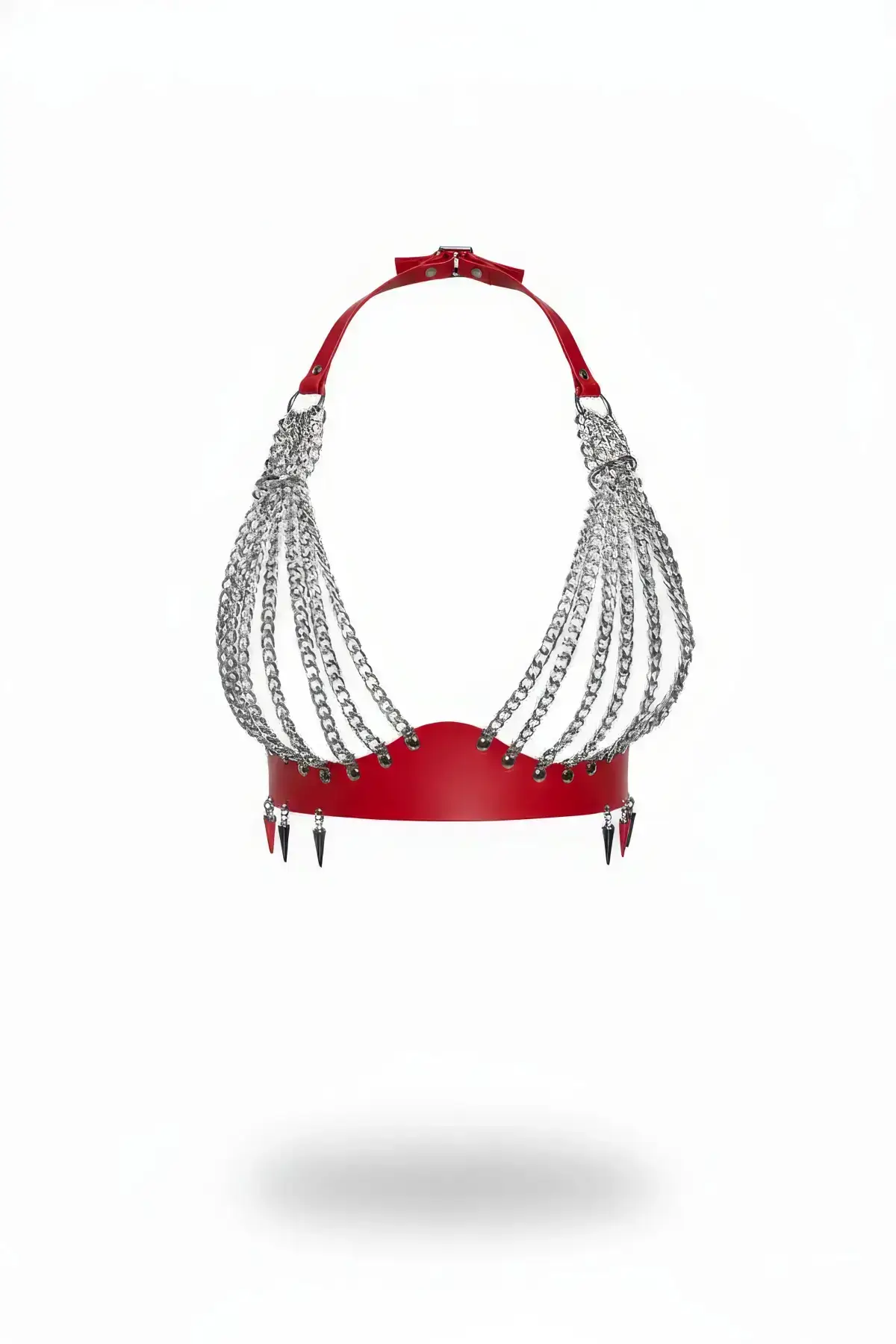 Red Chest Harness Faux Leather Bralette with Chain Detail - SH964