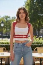 Red Women's Leather Belt with Shoulder Detail and Double Buckle - SH966