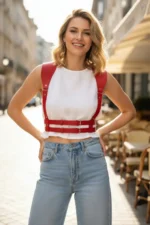 Red Women's Leather Belt with Shoulder Detail and Double Buckle - SH966 - Image 2