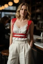 Red Women's Leather Belt with Shoulder Detail and Double Buckle - SH966 - Image 4