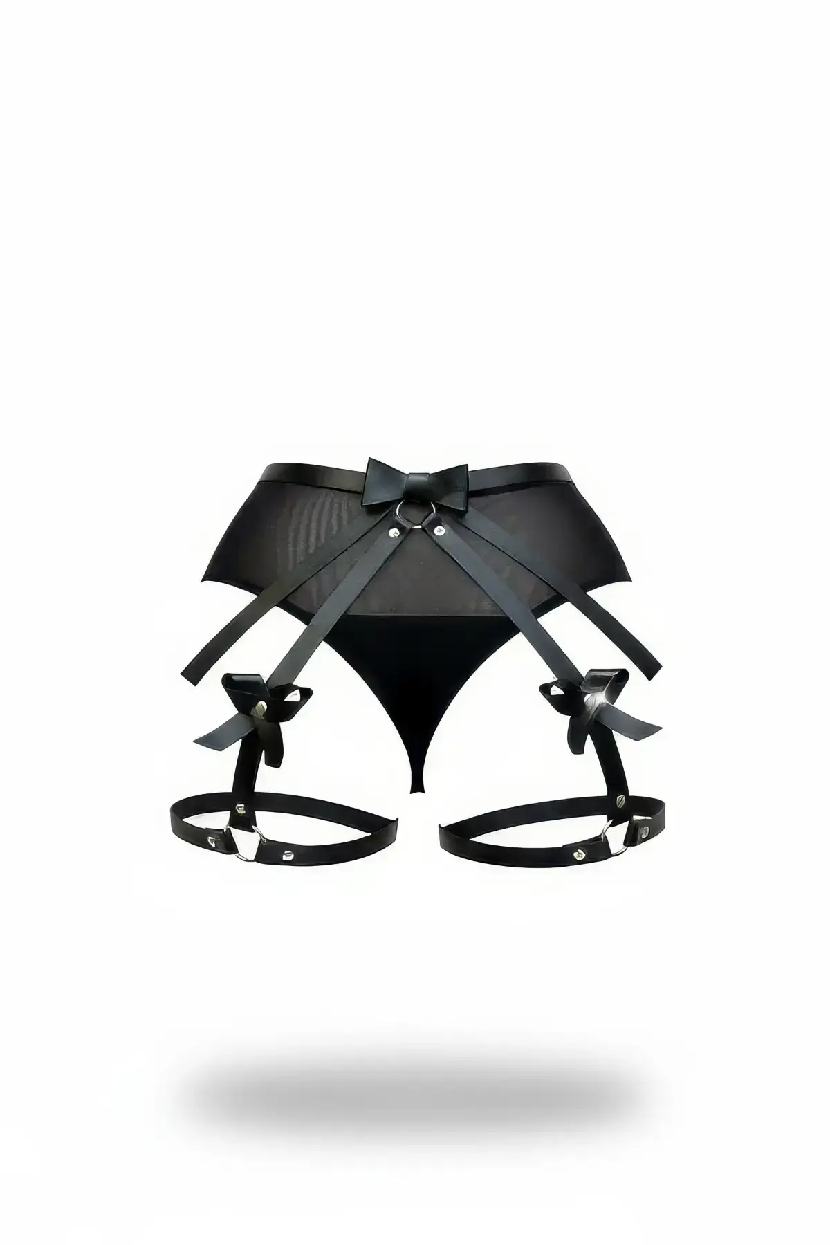 Black Thong - Panties with Tulle Detail, High Waist, and Garter Belt - SH968