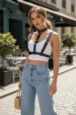 Black Women's Belt Faux Leather Chest and Collar Accessory - SH969