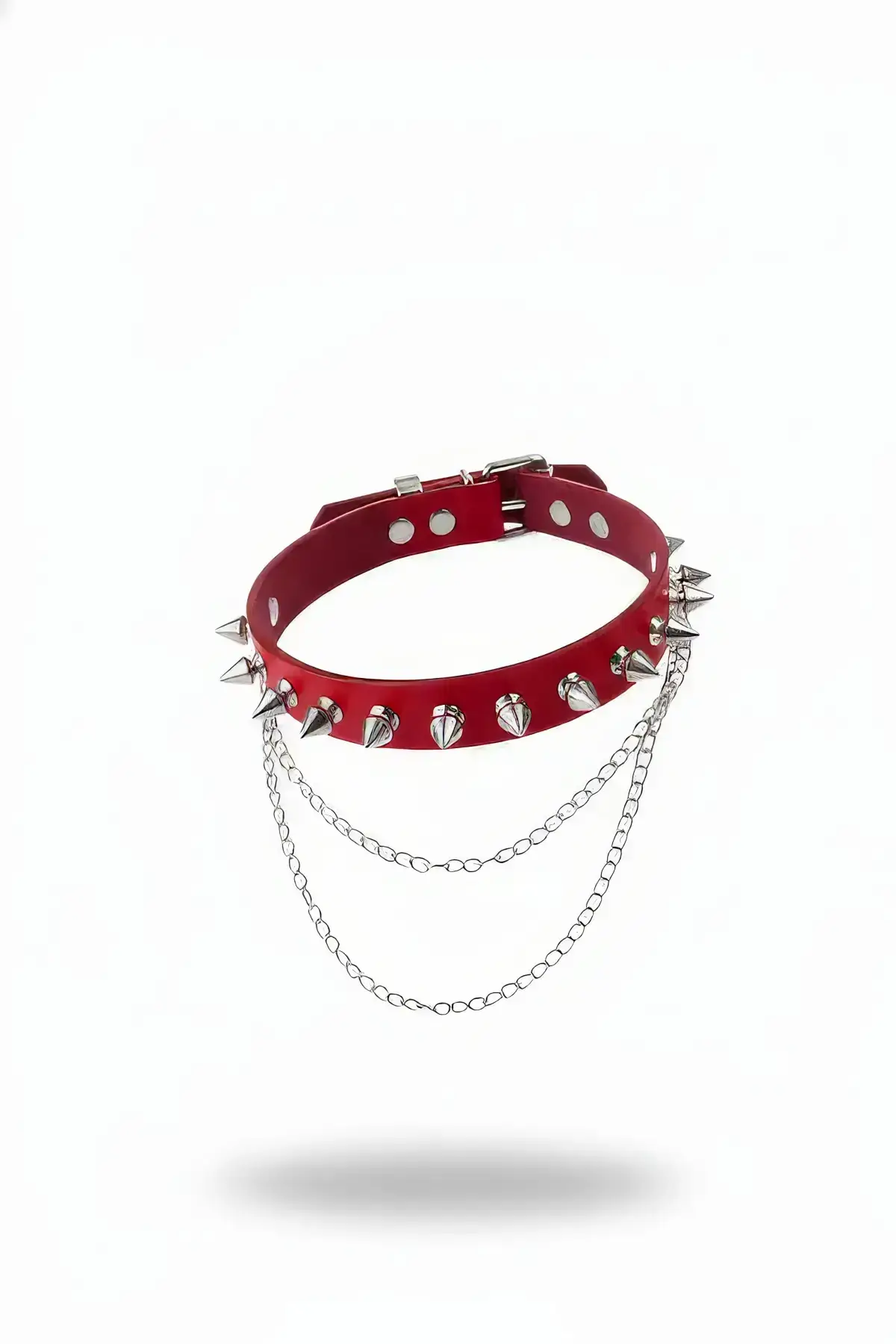 Kırmızı Zımbalı ve Zincir Detaylı Tasma Kolye SH975