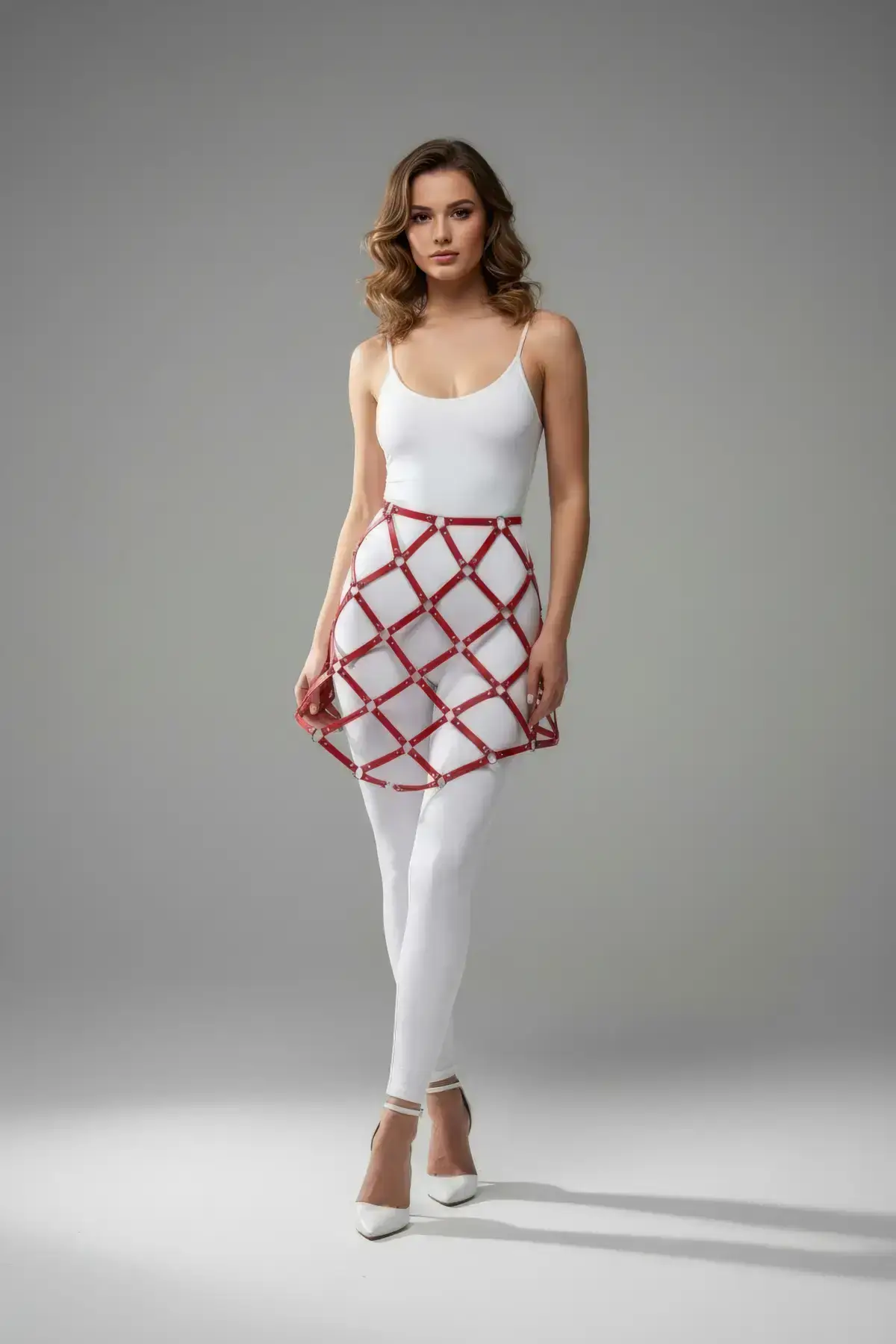 Kırmızı Suni Deri Kafes Detaylı Mini Etek SH982