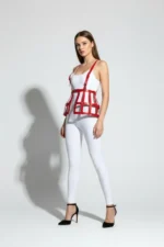 Kırmızı Kafes Detaylı Yüksek Bel Deri Korse Etek SH983