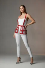 Kırmızı Kafes Detaylı Yüksek Bel Deri Korse Etek SH983 - Image 2