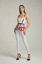 Kırmızı Kafes Detaylı Yüksek Bel Deri Korse Etek SH983 - Image 3