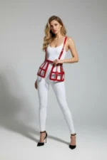 Kırmızı Kafes Detaylı Yüksek Bel Deri Korse Etek SH983 - Image 4