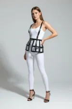 Siyah Yüksek Bel Kafes Detaylı Deri Etek SH983 - Image 4