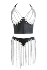 Gümüş Zincir Detaylı Püsküllü Deri Mini Etek SH994 - Image 5